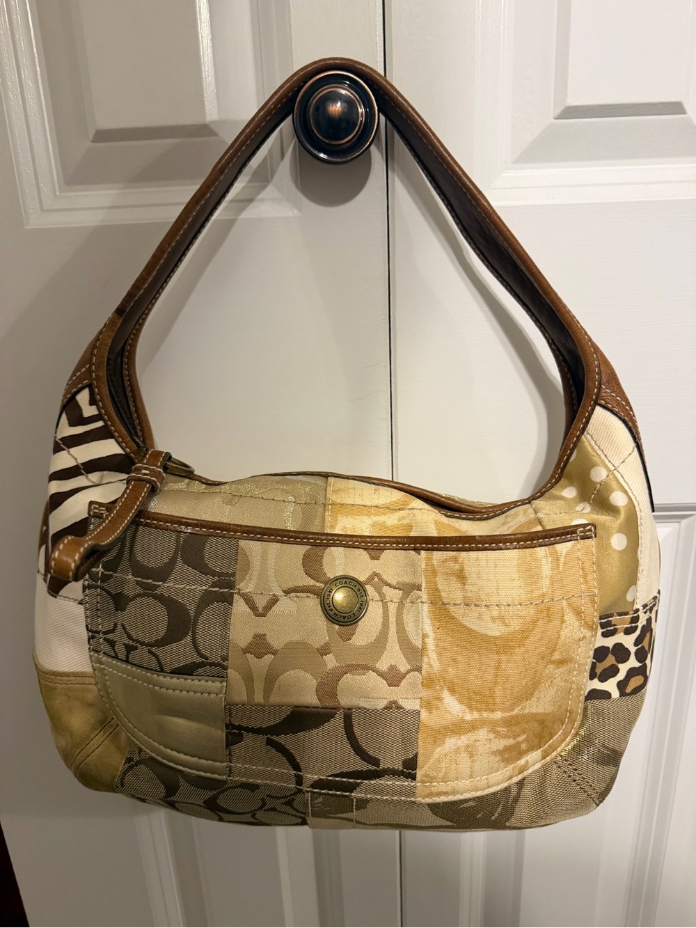 Coach Ergo Patchwork Leather Canvas Suede Hobo in Earth Tone Brown Color
